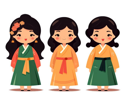 Cute Japanese girls in kimono. Cartoon vector illustration. (AI Generated)の素材