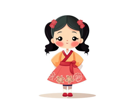 Cute asian girl wearing traditional kimono. Vector illustration. (AI Generated)の素材