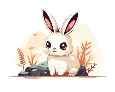 Cute little rabbit sitting on the rock in the park. Vector illustration. (AI Generated)の素材