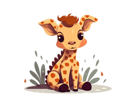 Cute cartoon giraffe sitting on the grass. Vector illustration. (AI Generated)の素材