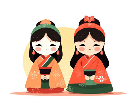 Korean girls wearing traditional clothes. Vector illustration in cartoon style. (AI Generated)の素材