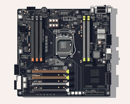 Computer motherboard isolated on white background. Top view. Vector illustration. (AI Generated)の素材