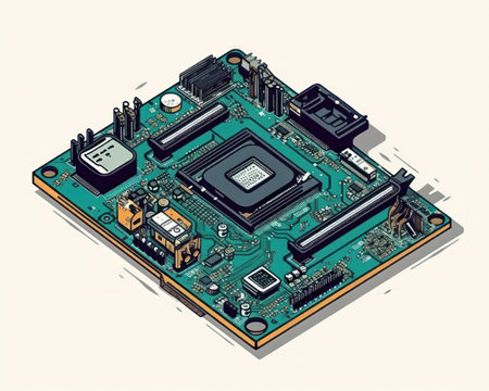 Isometric electronic circuit board, microchip, microcircuit, computer processor, motherboard, chip. (AI Generated)の素材