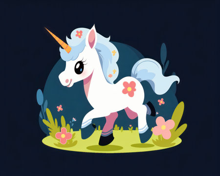 Cute cartoon unicorn with flowers. Vector illustration in flat style. (AI Generated)の素材