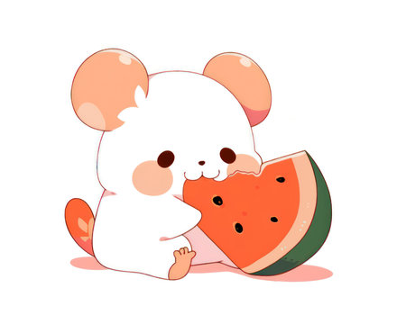 Cute cartoon mouse eating watermelon. Vector illustration isolated on white background. (AI Generated)の素材