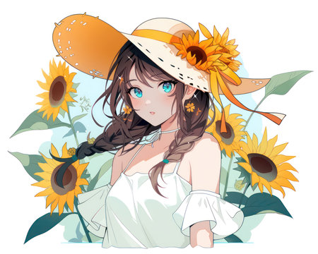 Illustration of a beautiful anime girl in a hat with sunflowers. (AI Generated)の素材