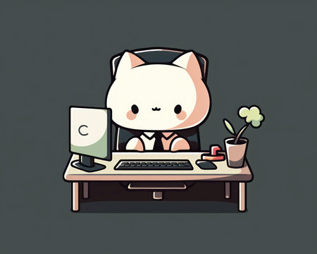 Cute cat working on computer in the office. Vector illustration. (AI Generated)の素材