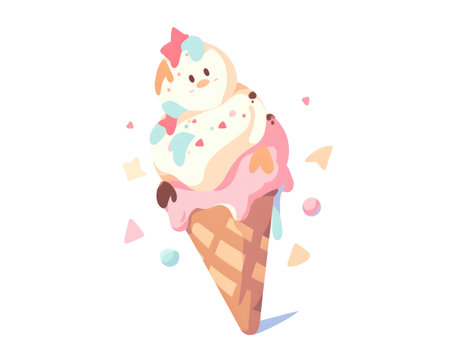 Ice cream in a waffle cone, vector illustration isolated on white background. (AI Generated)の素材