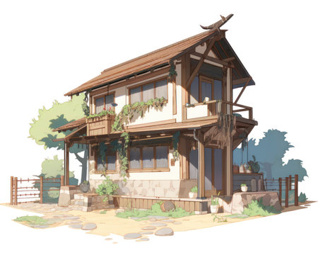 Old wooden house isolated on white background. Vector illustration. Cartoon style. (AI Generated)の素材