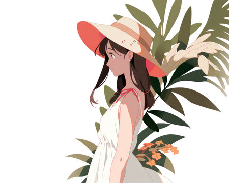Beautiful anime woman in a hat and summer dress, vector illustration. (AI Generated)の素材