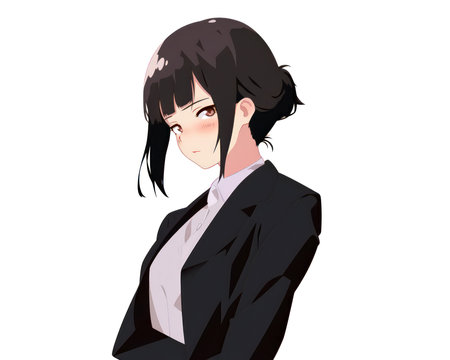 An anime illustration of a young woman in a business suit looking serious. (AI Generated)の素材