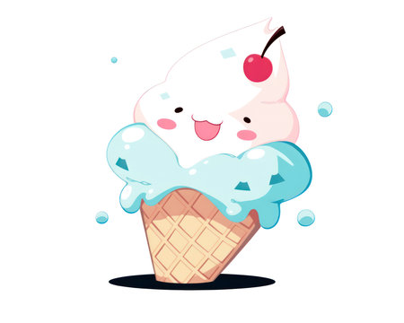 Cute ice cream in a waffle cone. Vector illustration. (AI Generated)の素材