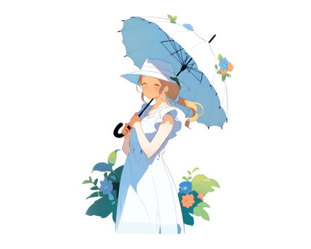 Anime girl in a white dress with a blue umbrella. Vector illustration. (AI Generated)の素材