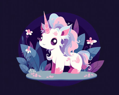 Cute cartoon unicorn with floral background. Vector illustration in flat style. (AI Generated)の素材