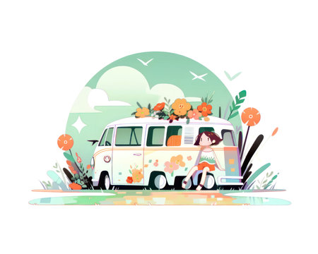 Vector illustration of a family travelling by camper van with flowers. (AI Generated)の素材