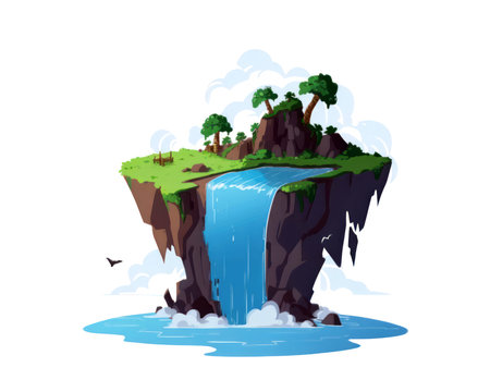 Waterfall on a small island in the ocean. Vector illustration. (AI Generated)の素材