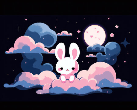 Cute rabbit animal in clouds night. Vector illustration. (AI Generated)の素材