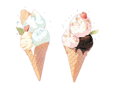 Ice cream in a waffle cone. Vector illustration on white background. (AI Generated)の素材