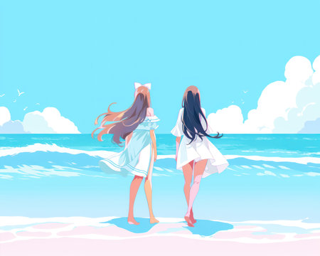 Two beautiful girls on the beach. Vector illustration in anime style. (AI Generated)の素材