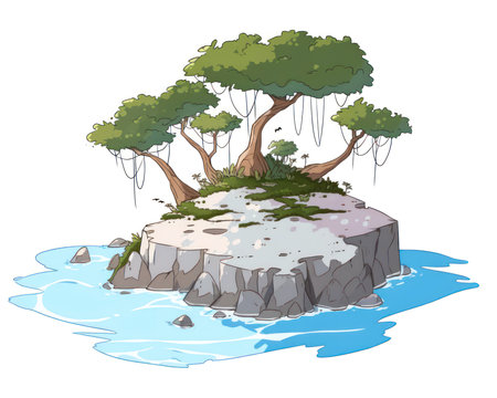 Illustration of an island with trees and rocks on a white background. (AI Generated)の素材