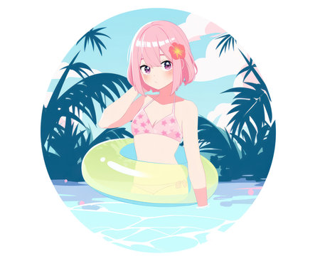 Illustration of a cute anime girl with pink hair on an inflatable ring. (AI Generated)の素材