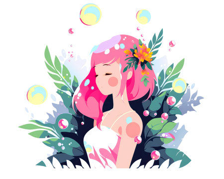 Beautiful anime girl with pink hair and flowers in her hair, vector illustration. (AI Generated)の素材