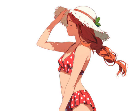 Beautiful anime girl in a hat and swimsuit. Vector illustration. (AI Generated)の素材