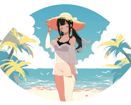 Beautiful anime woman on the beach with hat. Vector illustration. (AI Generated)の素材