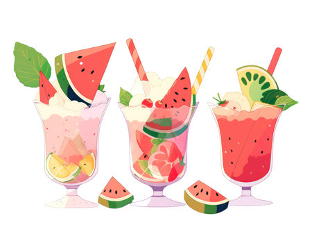 Watermelon and melon smoothies in glasses with straws. Vector illustration. (AI Generated)の素材