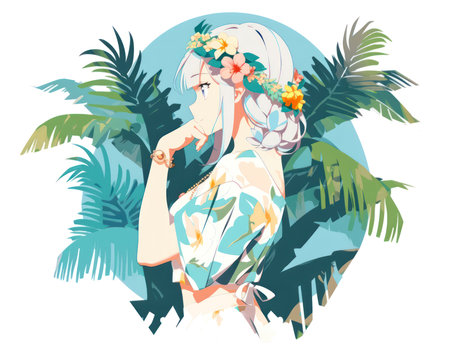Vector illustration of an anime girl in a summer dress on the background of palm trees. (AI Generated)の素材
