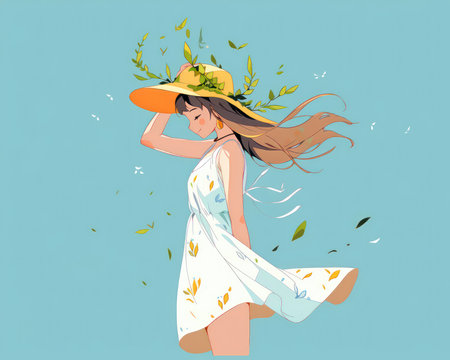 Beautiful anime girl in summer dress and straw hat. Vector illustration. (AI Generated)の素材