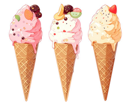 Ice cream in waffle cone. Vector illustration isolated on white background. (AI Generated)の素材