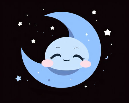 Cute cartoon moon on the night sky with stars. Vector illustration. (AI Generated)の素材