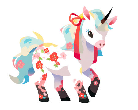 Cute cartoon unicorn with flowers. Vector illustration isolated on white background. (AI Generated)の素材