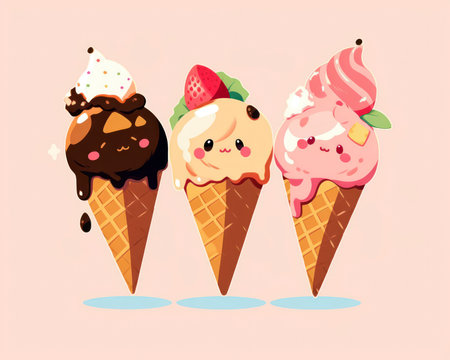 Ice cream vector illustration. Cute cartoon ice creams in waffle cones. (AI Generated)の素材