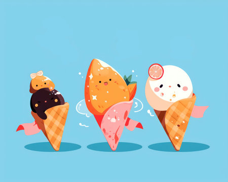 Ice cream vector illustration. Cute cartoon ice creams in waffle cones. (AI Generated)の素材