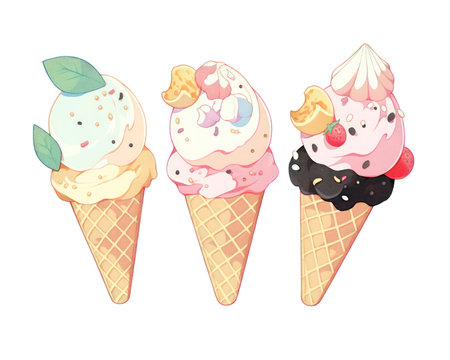 Ice cream in waffle cones. Vector illustration isolated on white background. (AI Generated)の素材