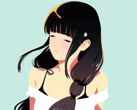 Anime girl with long hair in a swimsuit, illustration in vector format. (AI Generated)の素材