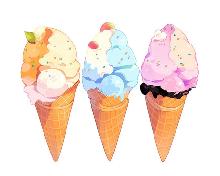 Three ice cream cones with different flavors. Vector illustration on white background. (AI Generated)の素材