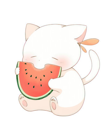 Cute cartoon cat with watermelon. Vector illustration isolated on white background. (AI Generated)の素材