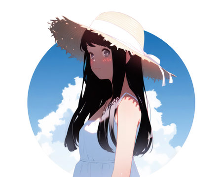 Anime girl in hat and dress on the background of the sky with clouds. (AI Generated)の素材