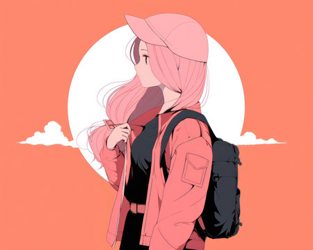 Illustration of an anime girl with a backpack and a hat on a pink background. (AI Generated)の素材