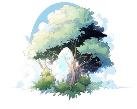 Illustration of a tree in the forest with clouds in the background. (AI Generated)の素材