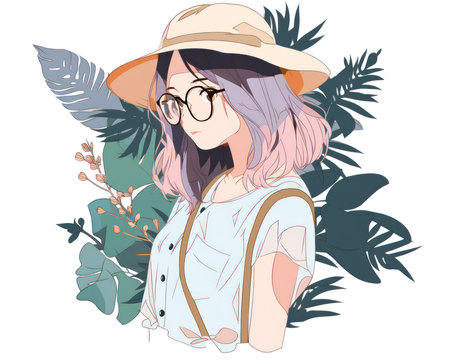 Beautiful anime woman in hat and glasses with tropical leaves. Vector illustration. (AI Generated)の素材