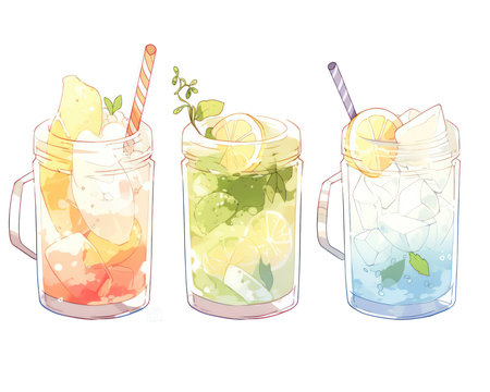 Mojito cocktail with lime, mint and ice. Vector illustration. (AI Generated)の素材