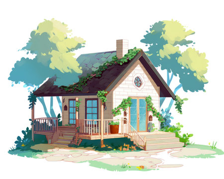 Wooden house in the garden. Vector illustration on white background. (AI Generated)の素材