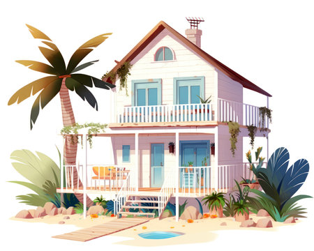 House on the beach with palm trees. Vector illustration isolated on white background. (AI Generated)の素材