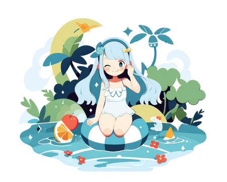 Little anime girl in swimsuit sitting on an inflatable ring. Vector illustration (AI Generated)の素材