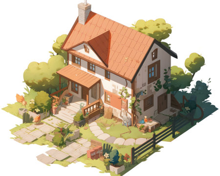 Vector isometric illustration of a country house with garden and lawn.(AI Generated)の素材
