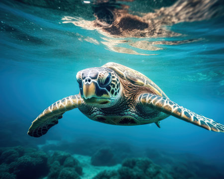 Green sea turtle swimming in the blue waters of the ocean. (AI Generated)の素材